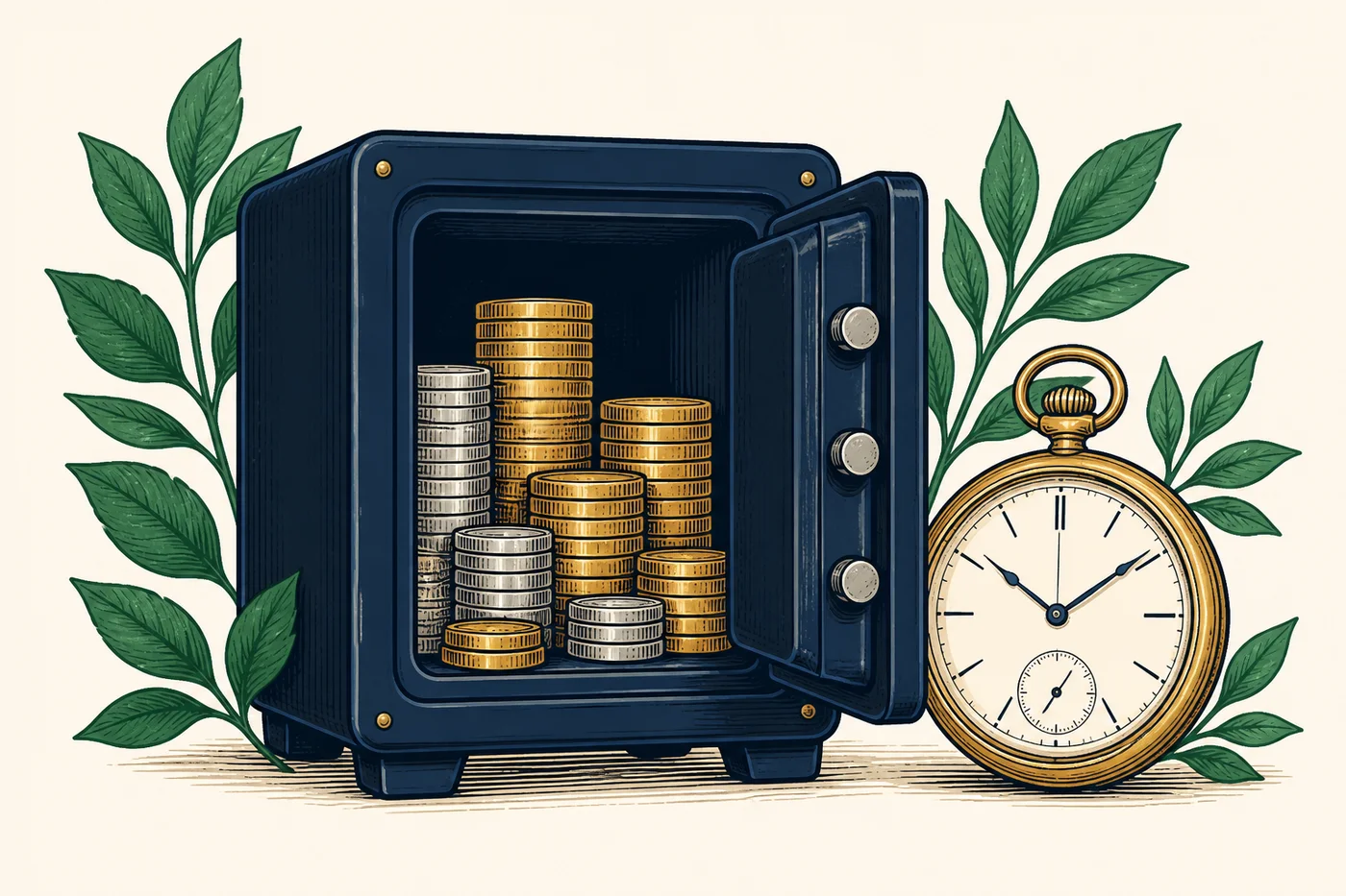 Editorialová ilustrácia odomknutého trezoru a kalendára symbolizujúca oslobodenie od dane